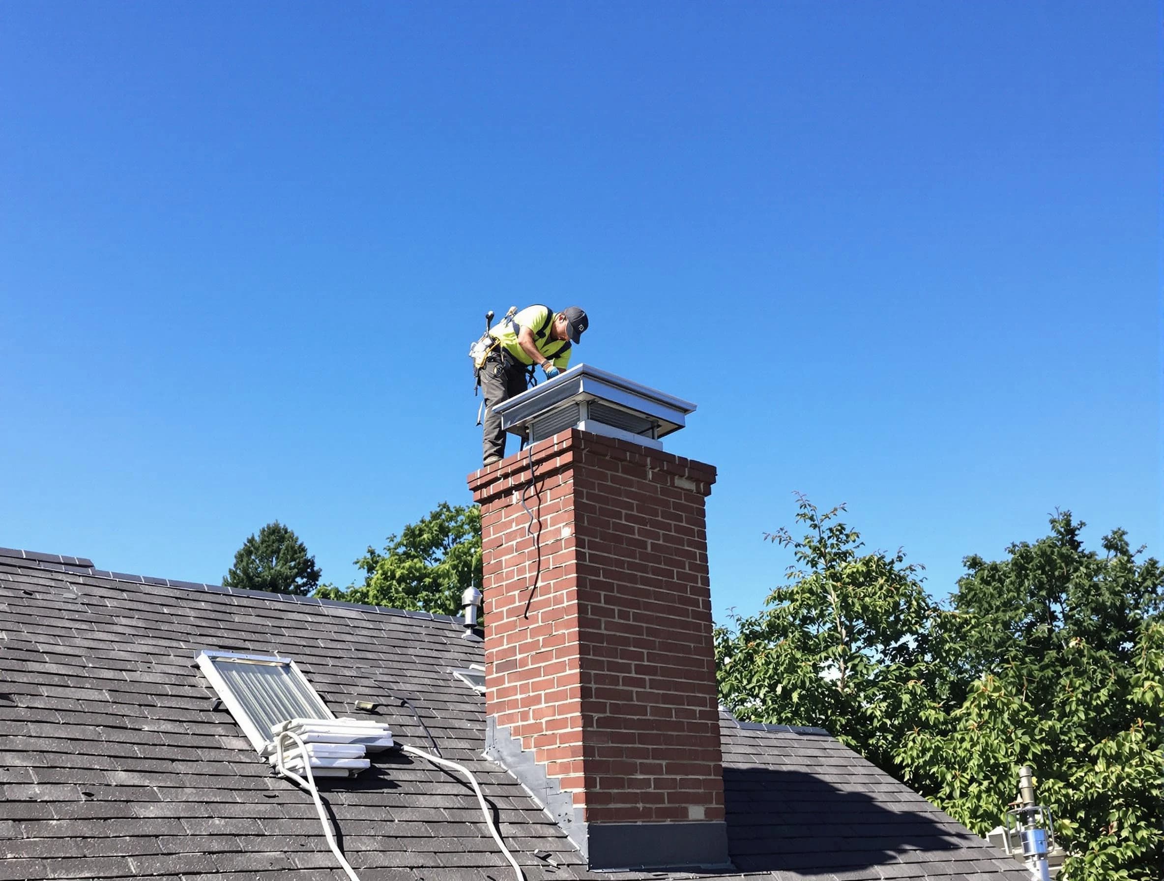 South Brunswick Chimney Sweep technician measuring a chimney cap in South Brunswick, NJ